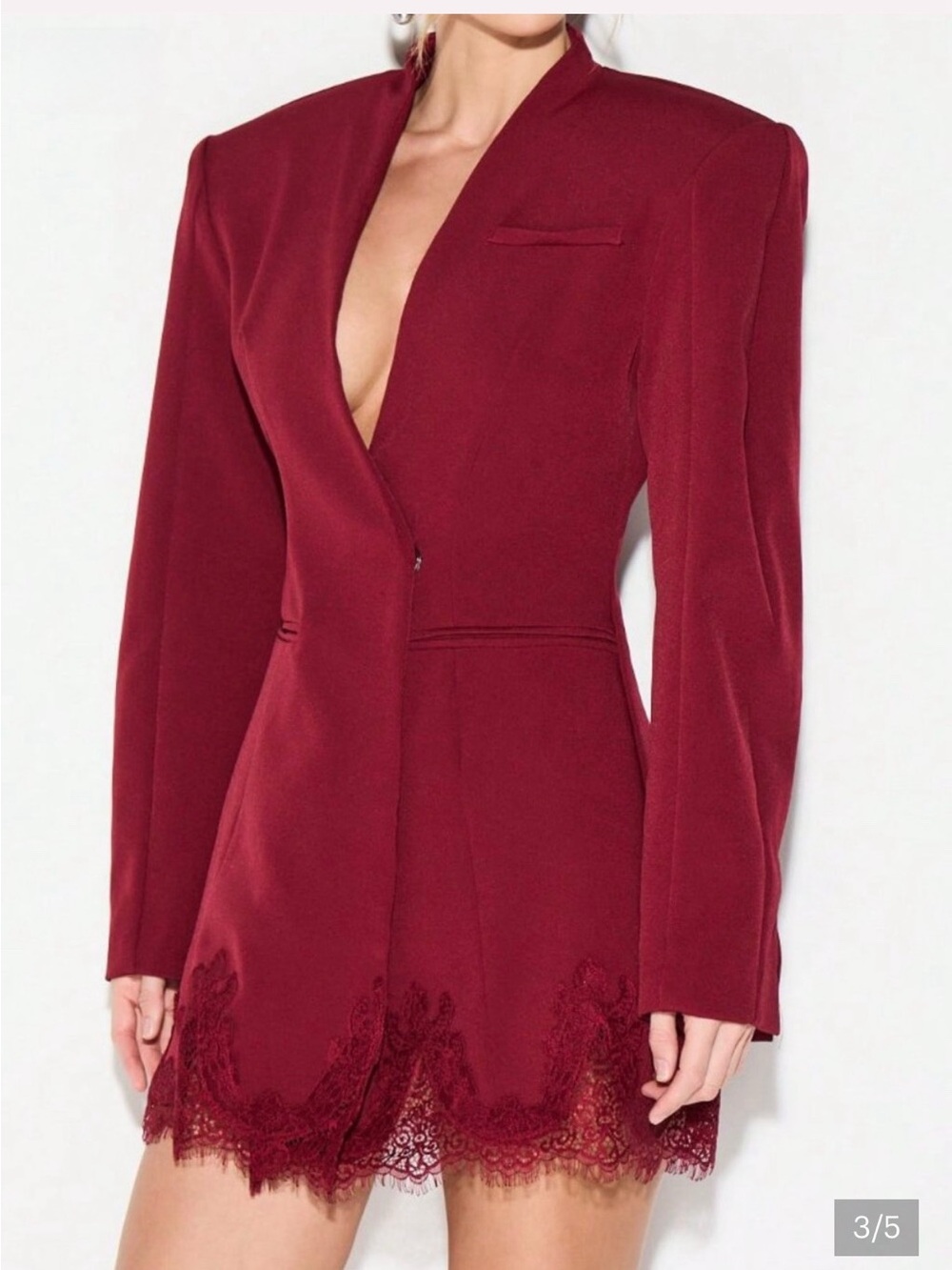 Red Elegant Women's Lace Trim Plunge Neckline Sleeve Blazer Dress